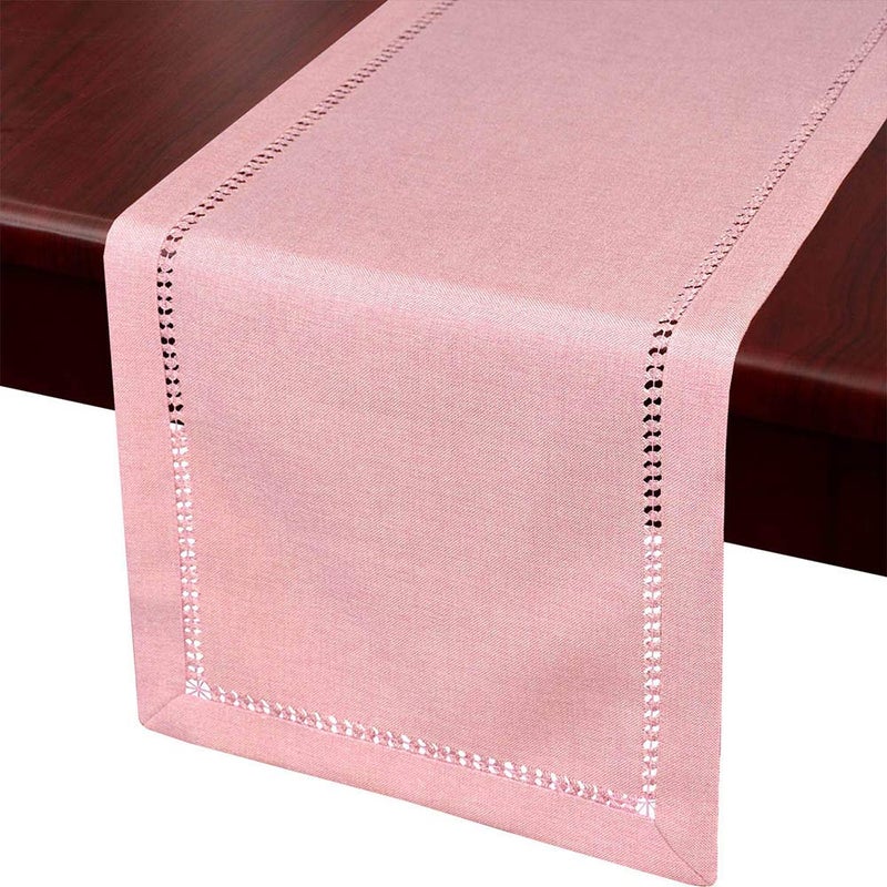 Grelucgo Handcrafted Solid Color Dining Table Runner, Dresser Scarf, Double-Hemstitched (Pink, 14 x 72) - Image 1